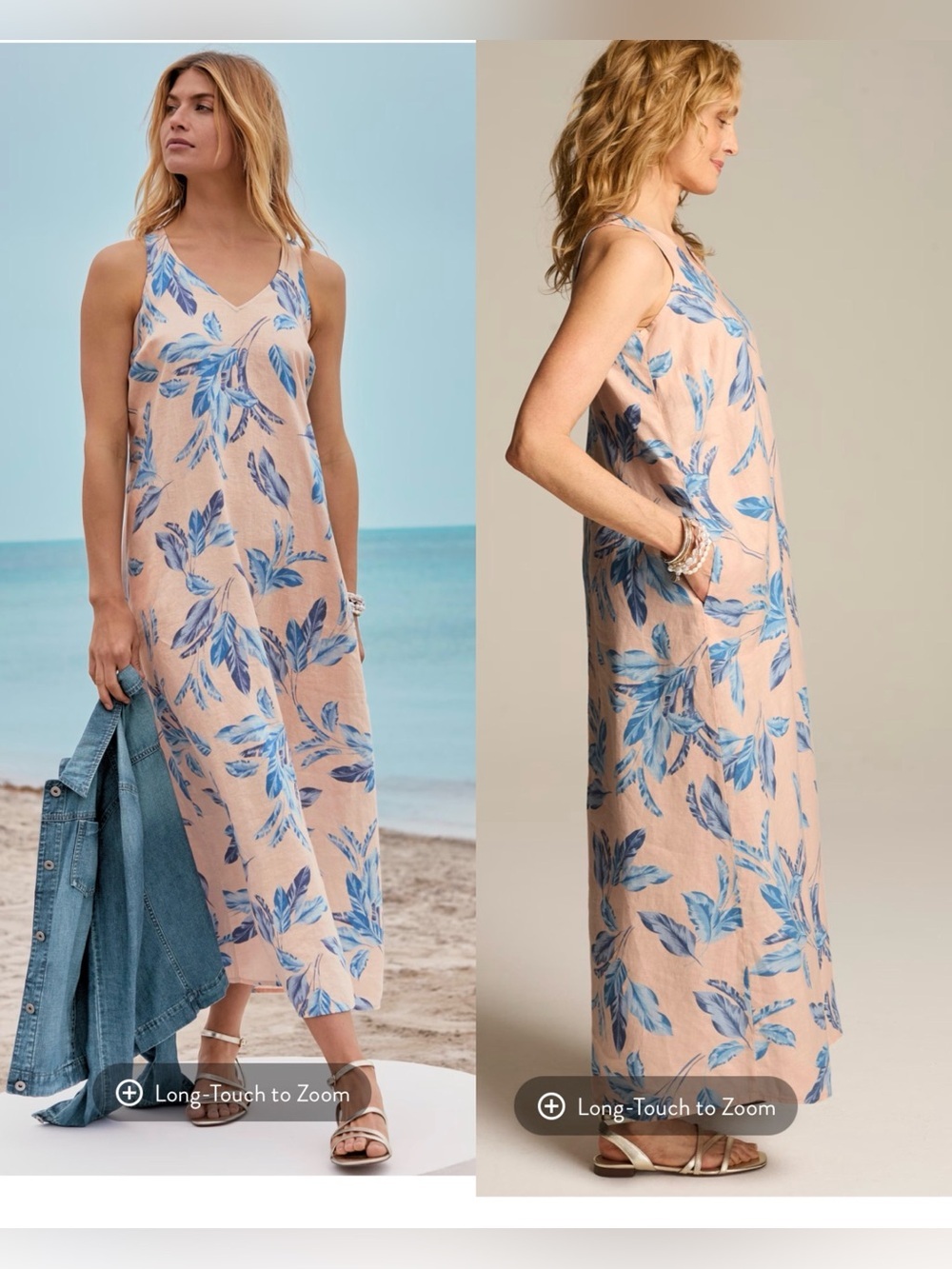 NWOT J.Jill 100% Linen Sleeveless Maxi V-Neck Dress in Sorbet Bold Fronds,size M